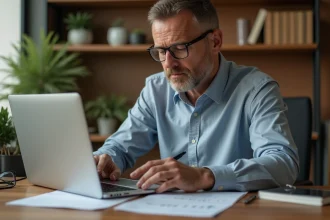 Professeur homme examine figures de salaire sur ordinateur