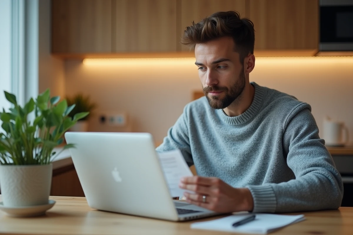 Enseignant vérifiant son salaire et son compte bancaire sur ordinateur portable à domicile