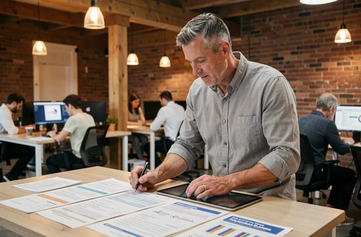 Entrepreneur masculin comparant des devis d'assurance responsabilité civile professionnelle dans un espace de co-working