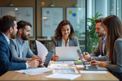 Groupe de professionnels analysant des rapports dans un bureau moderne
