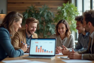 Groupe de professionnels discutant autour d'une table en réunion