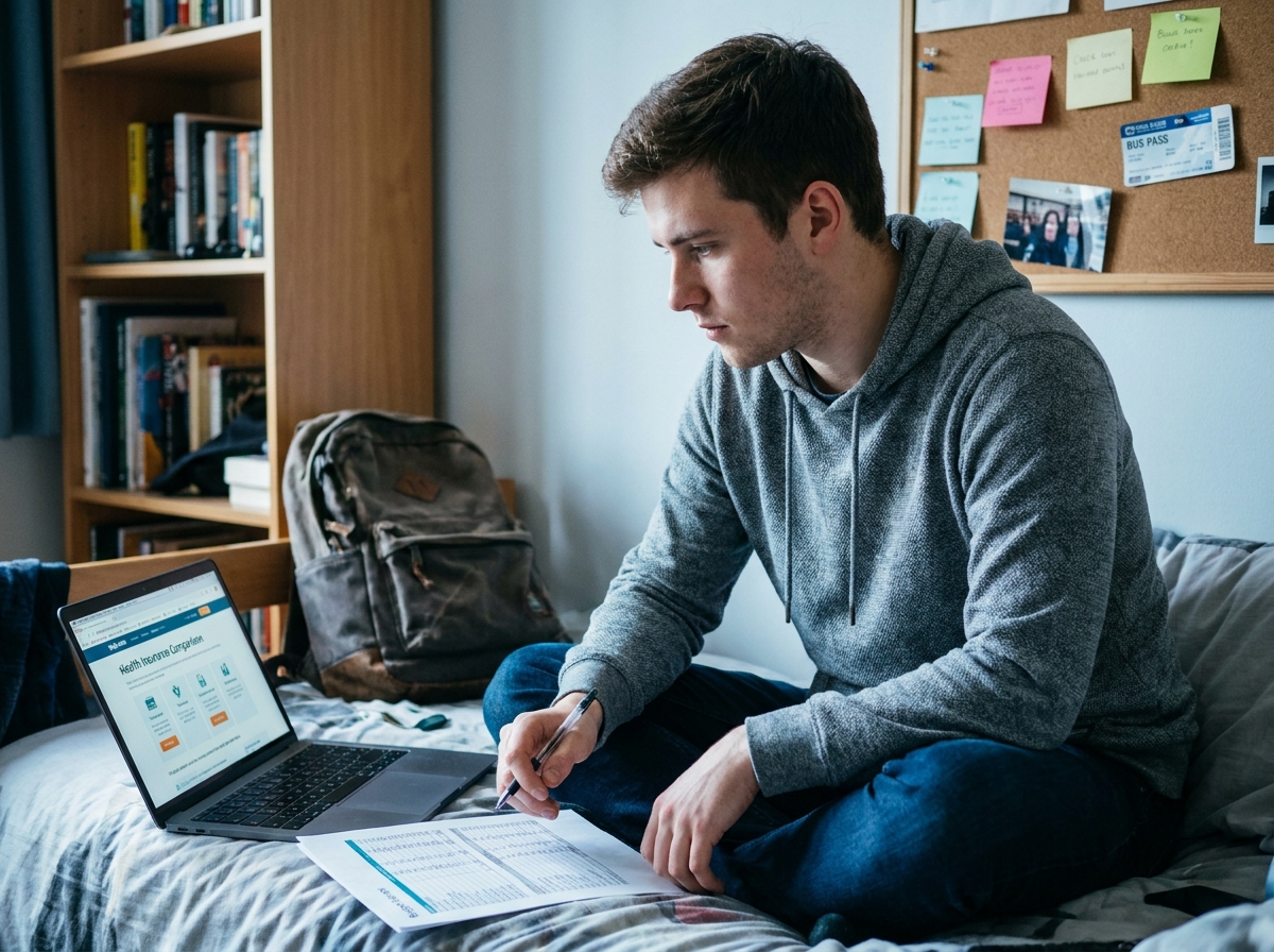Étudiant universitaire comparant des offres de mutuelle santé économique sur son ordinateur portable dans sa chambre de cité