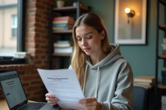 Étudiante lisant un contrat de bail dans son studio pour faire sa demande d'APL premier mois