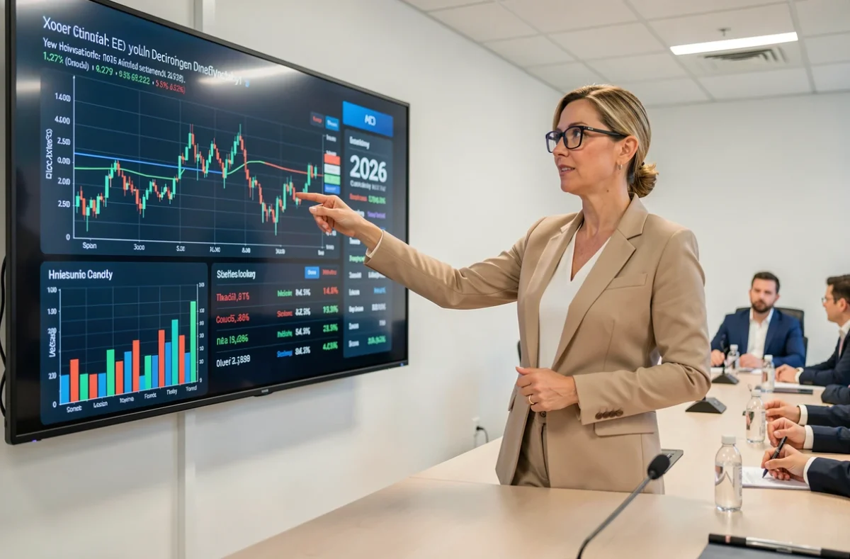 Femme experte en finance présentant des prévisions boursières 2026 sur écran interactif lors d'un séminaire professionnel