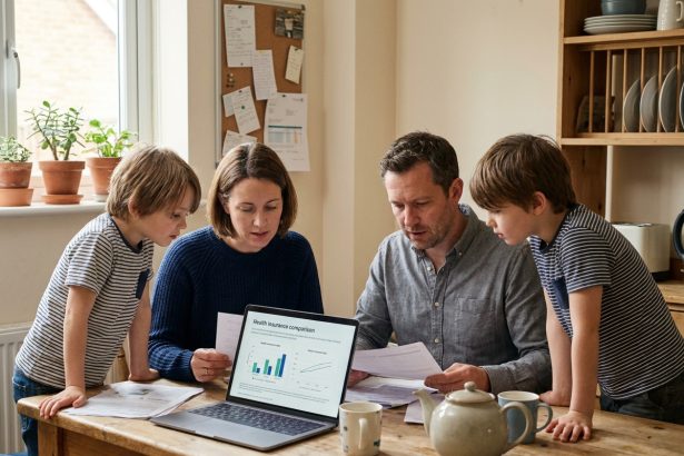 Famille comparant des mutuelles santé économiques en ligne sur un ordinateur portable autour d'une table de cuisine