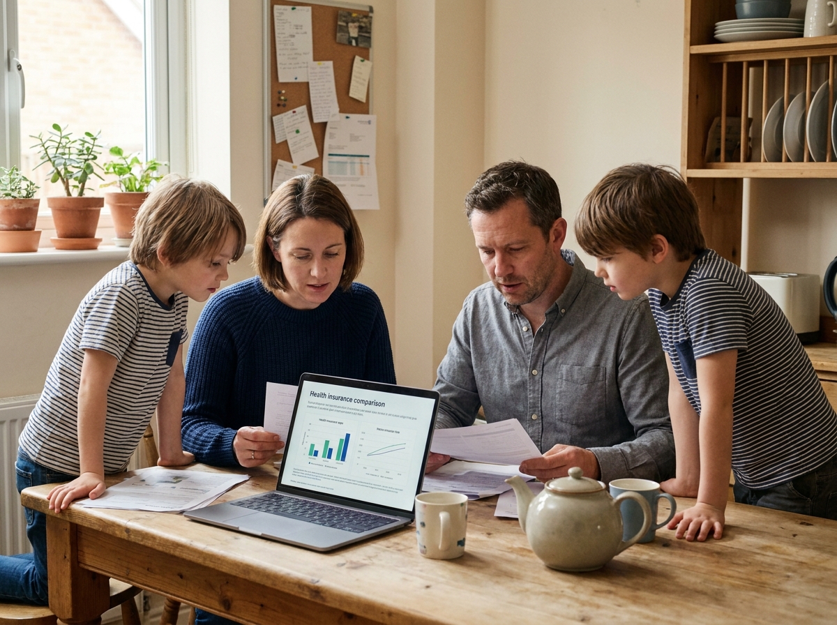 Famille comparant des mutuelles santé économiques en ligne sur un ordinateur portable autour d'une table de cuisine