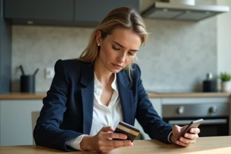 Femme d'affaires regardant sa carte bancaire et son smartphone