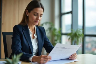 Femme d'affaires en revue un calendrier financier au bureau