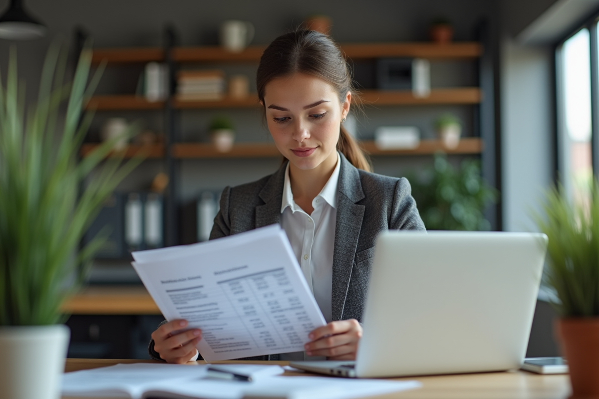 Jeune femme d'affaires examine un document de prêt