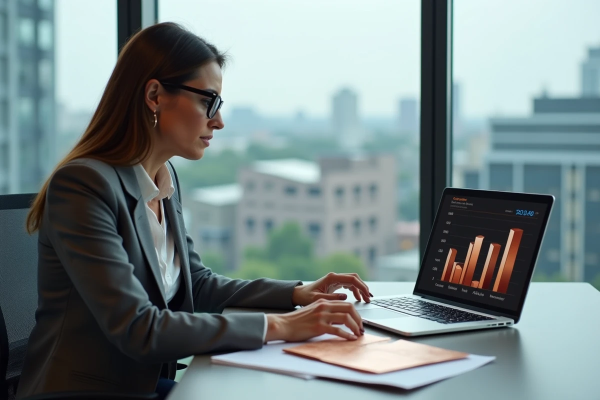 Femme d affaires regardant un tableau de prix du cuivre sur son ordinateur