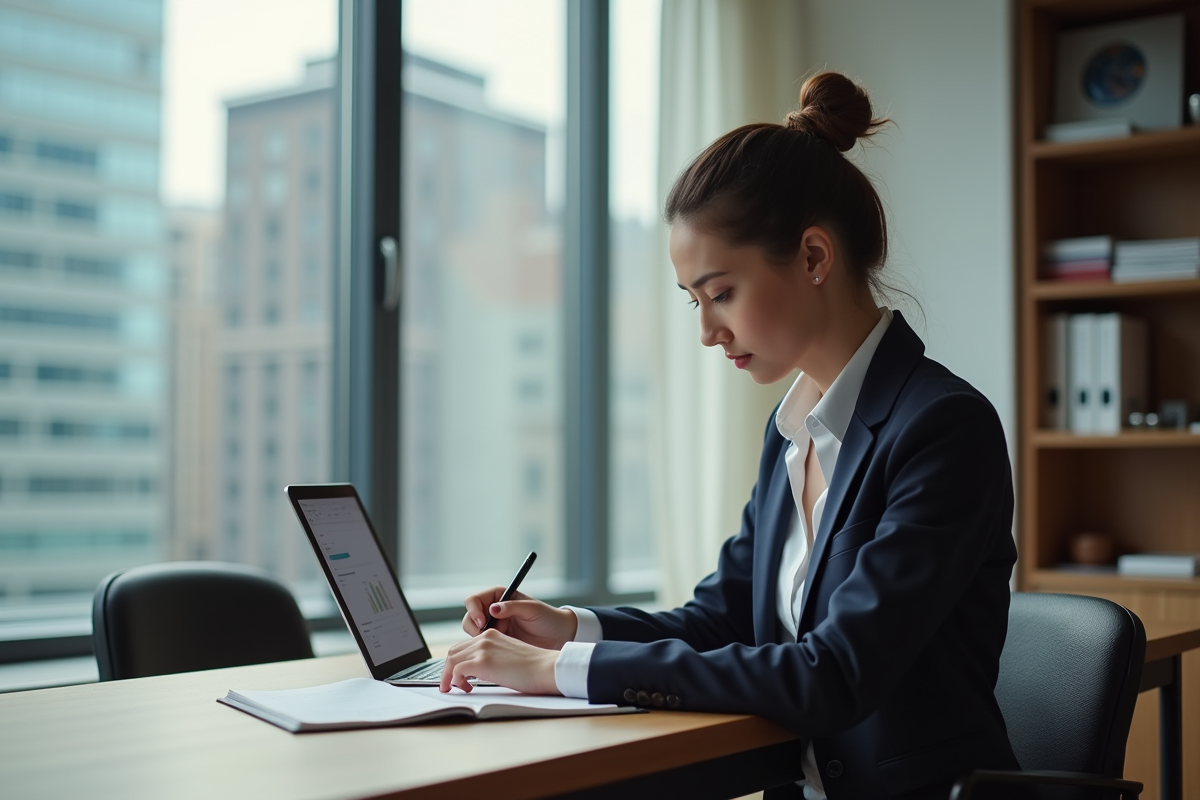 Jeune femme en blazer étudiant des analyses sur une tablette