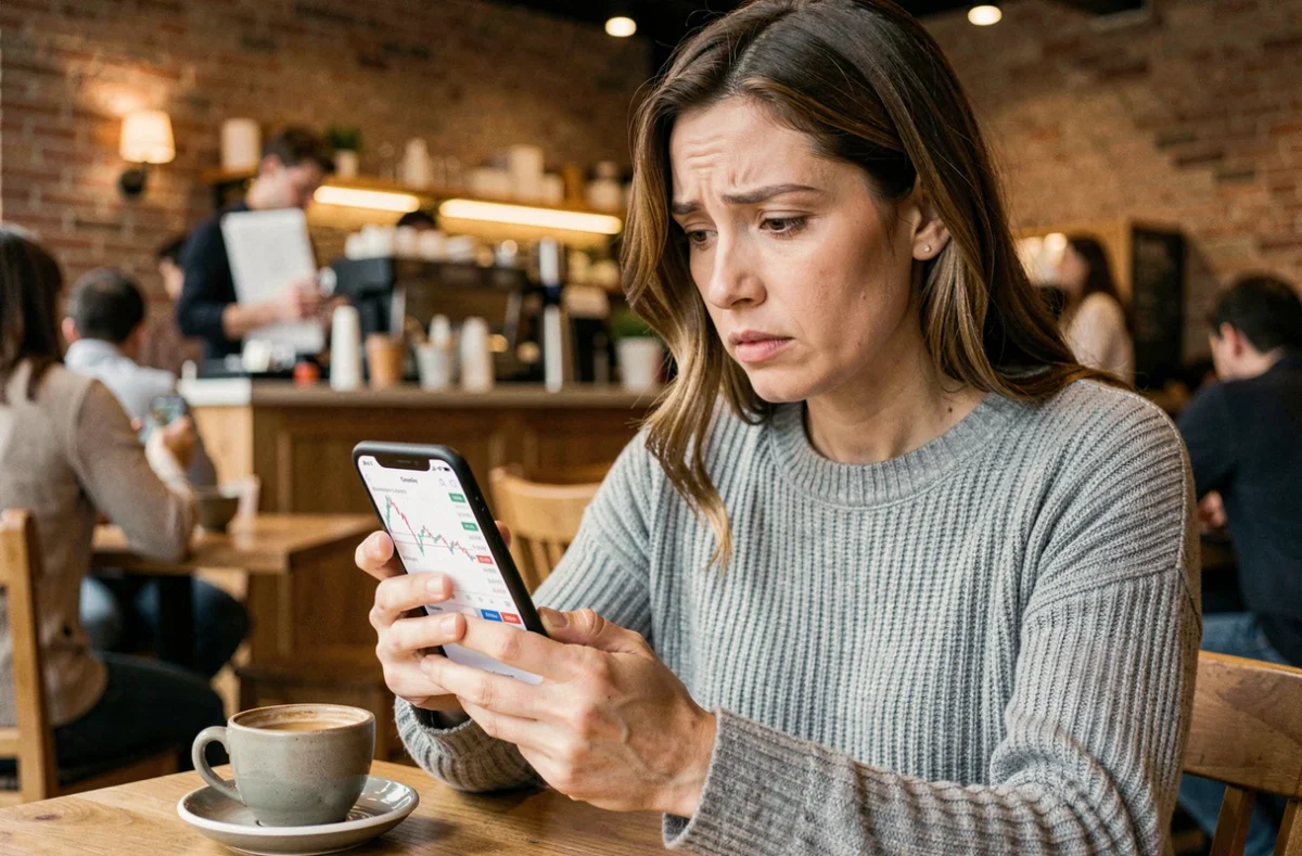 Femme analysant un graphique boursier en baisse sur son smartphone dans un café urbain, préoccupée par ses investissements