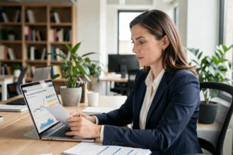 Femme professionnelle analysant des avis et comparatifs de SCPI sur un ordinateur portable dans un bureau moderne