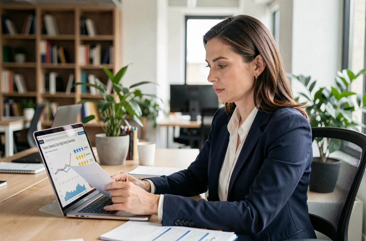 Femme professionnelle analysant des avis et comparatifs de SCPI sur un ordinateur portable dans un bureau moderne