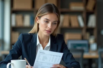 Femme cadre analysant sa fiche de paie dans un bureau moderne pour vérifier le calcul brut net sur 12 mois