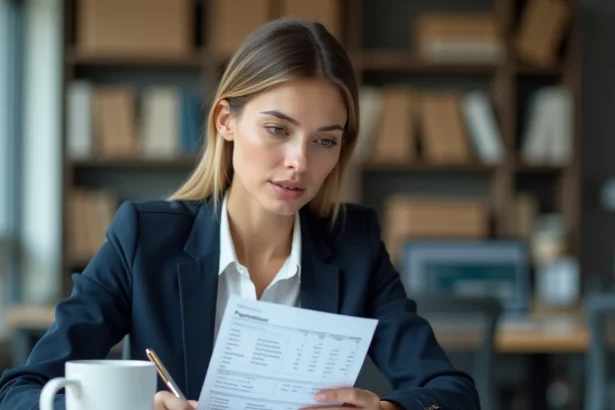 Femme cadre analysant sa fiche de paie dans un bureau moderne pour vérifier le calcul brut net sur 12 mois