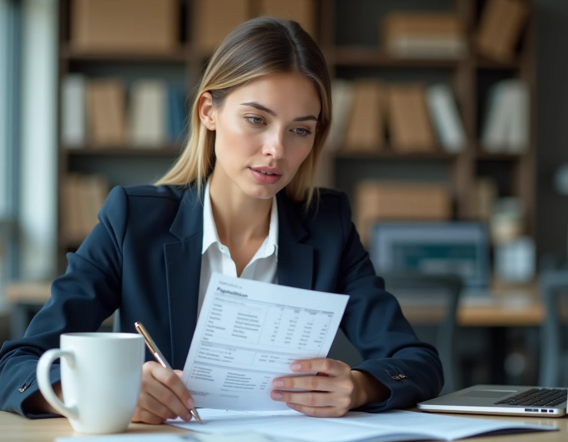 Femme cadre analysant sa fiche de paie dans un bureau moderne pour vérifier le calcul brut net sur 12 mois