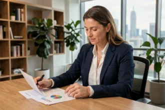 Femme analyste financière comparant des documents SCPI et OPCI dans un bureau moderne