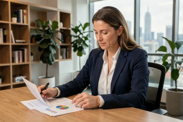 Femme analyste financière comparant des documents SCPI et OPCI dans un bureau moderne