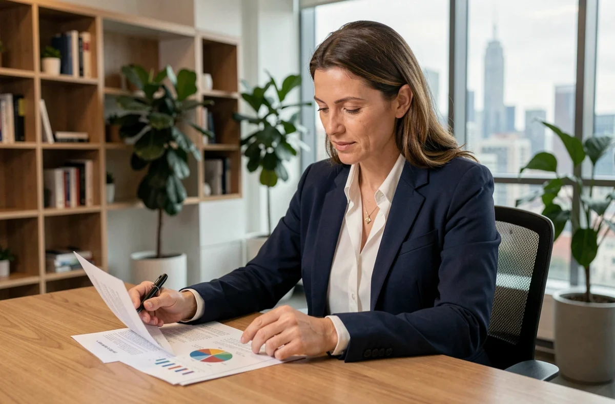Femme analyste financière comparant des documents SCPI et OPCI dans un bureau moderne
