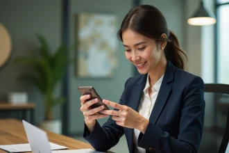 Femme professionnelle utilisant une application bancaire mobile sur smartphone dans un bureau moderne