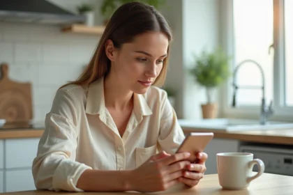 Femme consultant une application de finance personnelle sur son smartphone dans une cuisine moderne pour optimiser ses dépenses quotidiennes avec Bitstack