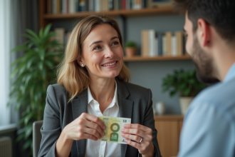 Femme d'âge moyen tendant des euros à un jeune homme dans un bureau à domicile