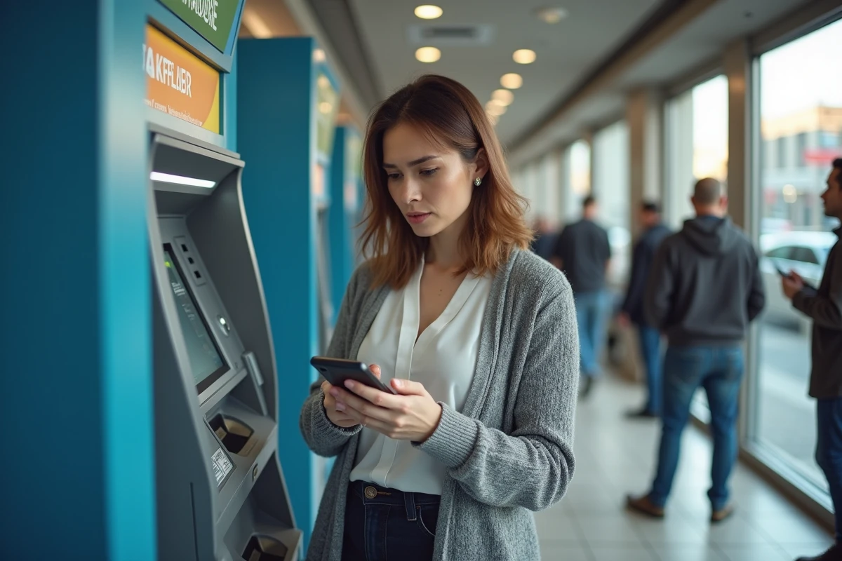 Femme devant un distributeur bancaire avec erreur en ligne