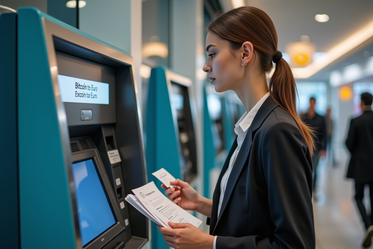 Femme effectuant un échange Bitcoin à l ATM en banque urbaine