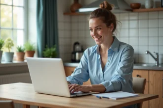 Femme utilisant son ordinateur pour consulter ses comptes bancaires