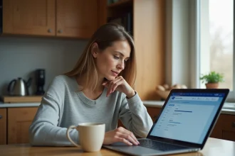 Femme consultant son espace bancaire LCL en ligne depuis son domicile sur un ordinateur portable