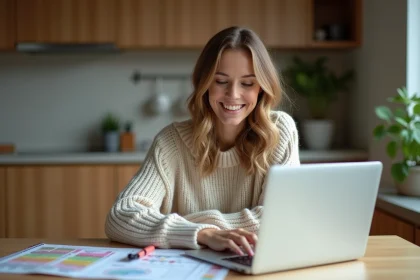 Femme souriante en budget dans une cuisine moderne