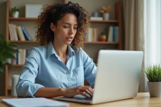 Femme assise à un bureau tapant un email au service client Cetelem sur un ordinateur portable
