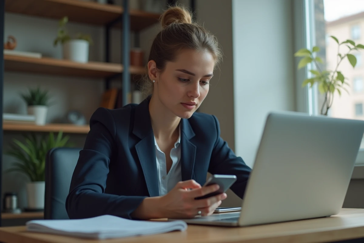 Femme en costume de bureau regardant son ordinateur