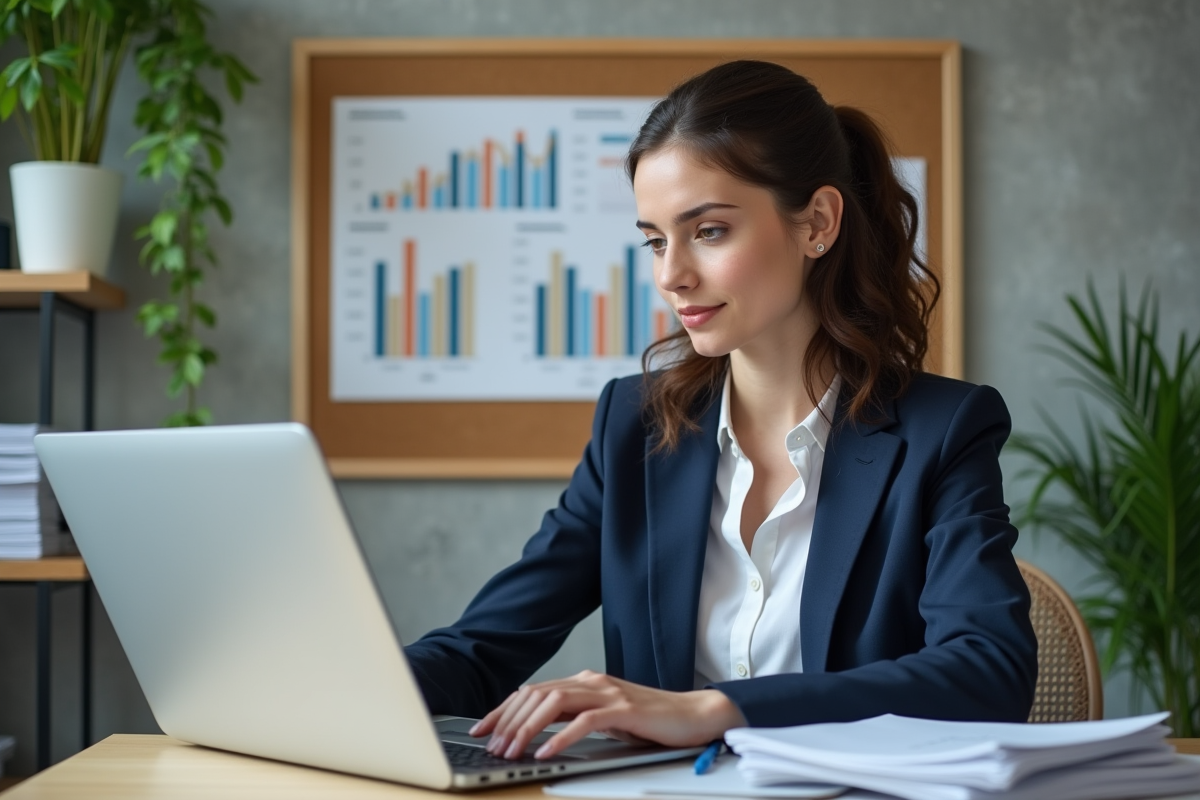 Jeune femme en blazer bleu tape sur un ordinateur portable dans un bureau