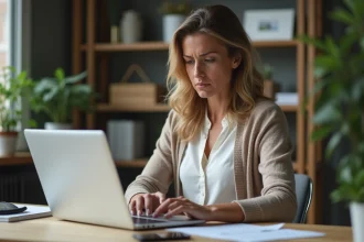 Femme d'âge moyen au bureau avec référence de paiement