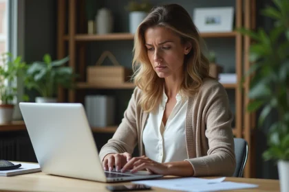 Femme d'âge moyen au bureau avec référence de paiement