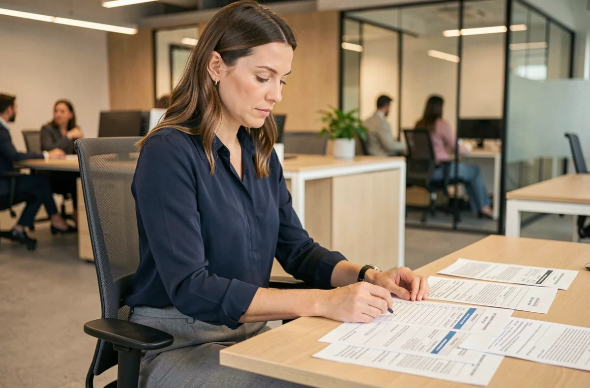 Femme au bureau consultant un tableau de salaires et contrats de travail liés au SMIC 2026