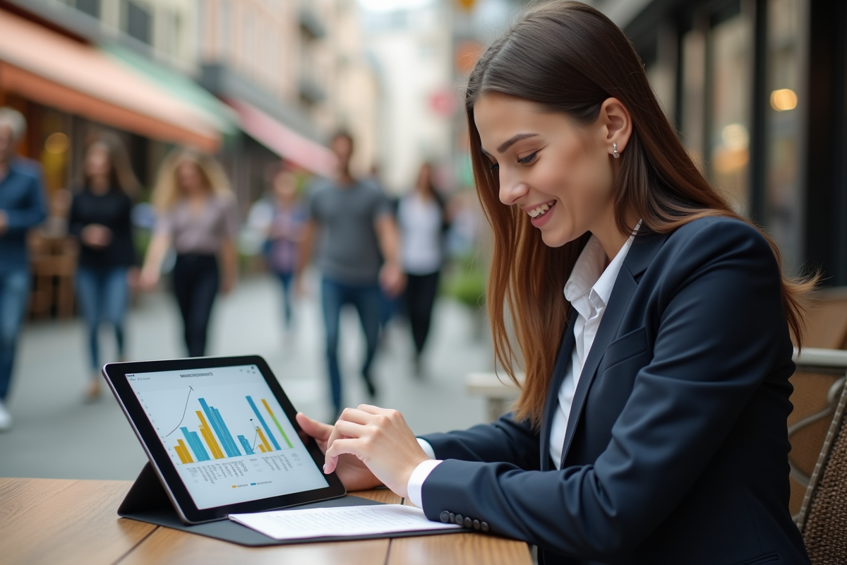 Femme analysant un tableau comparatif en extérieur