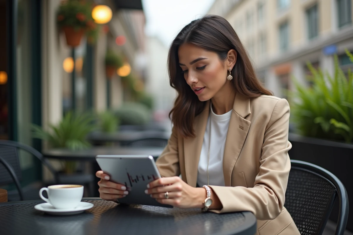 Jeune femme analysant un graphique boursier sur une tablette en extérieur