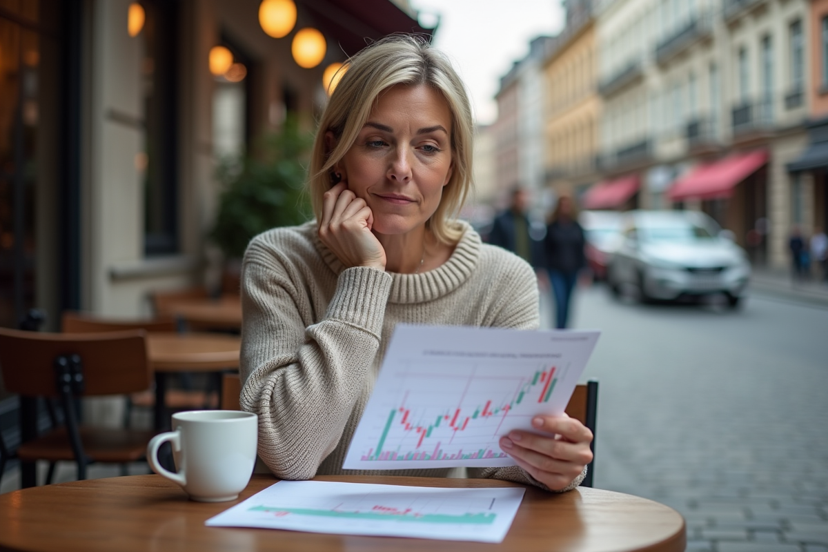Femme réfléchissant à un graphique crypto en terrasse de café