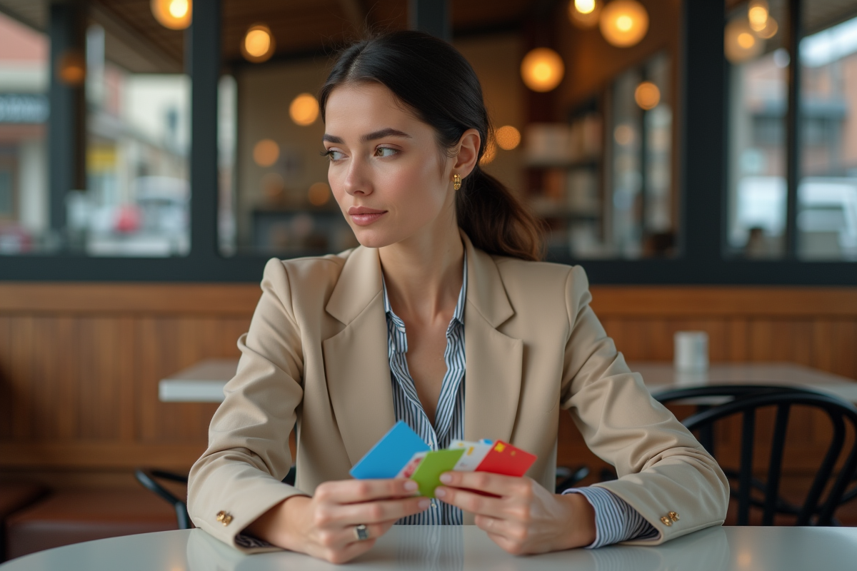 Femme élégante avec cartes Visastyle dans un café