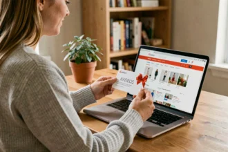 Femme utilisant une carte Kadeos Infini pour faire des achats sur Amazon depuis son bureau à domicile