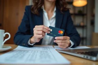 Femme tenant une carte Mastercard Crédit Agricole en consultant ses relevés bancaires à son bureau à domicile
