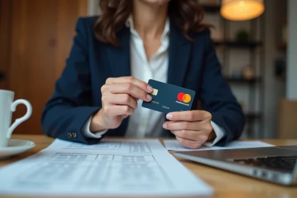 Femme tenant une carte Mastercard Crédit Agricole en consultant ses relevés bancaires à son bureau à domicile