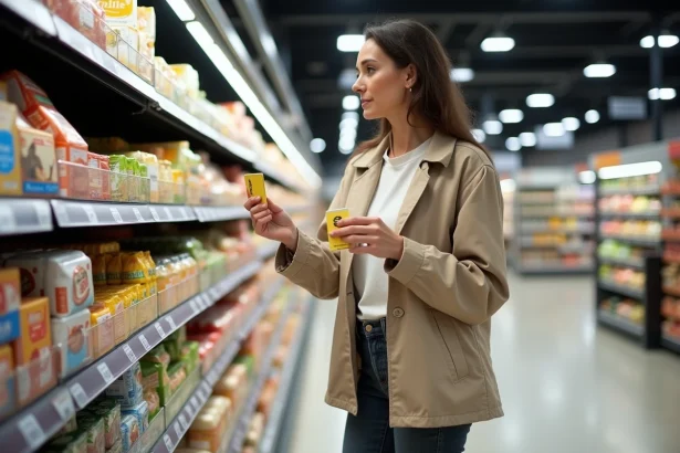 Femme tenant une carte UpCadhoc devant un rayon de grande surface alimentaire