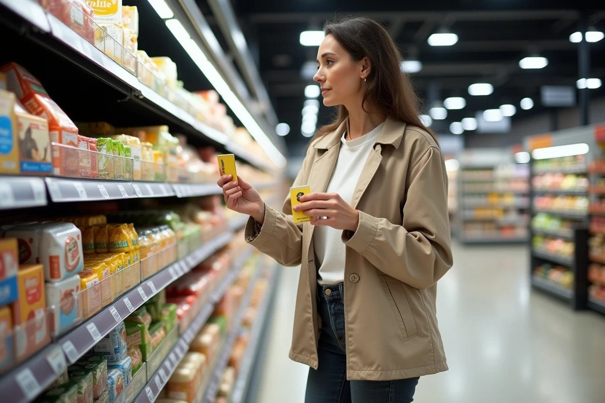 Femme tenant une carte UpCadhoc devant un rayon de grande surface alimentaire