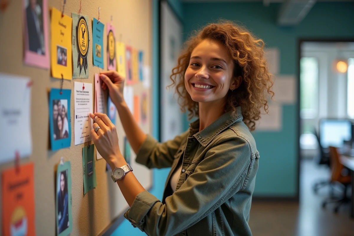 Jeune femme accrochant un badge de félicitations dans la salle de pause