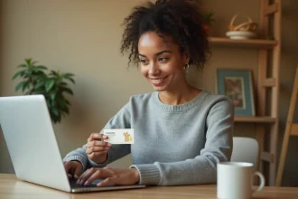 Femme tenant un chèque Cadhoc devant un ordinateur portable pour le revendre en ligne