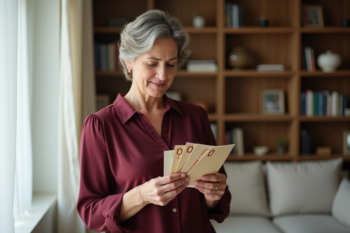 Femme examinant plusieurs chèques Cadhoc en main pour les convertir via une plateforme de revente Amazon